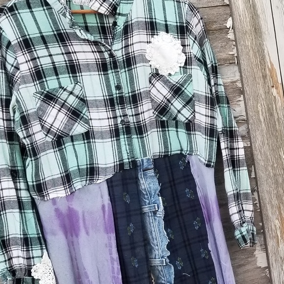 Boho Flannel Shirt Dress Upcycled - Picture 2 of 4